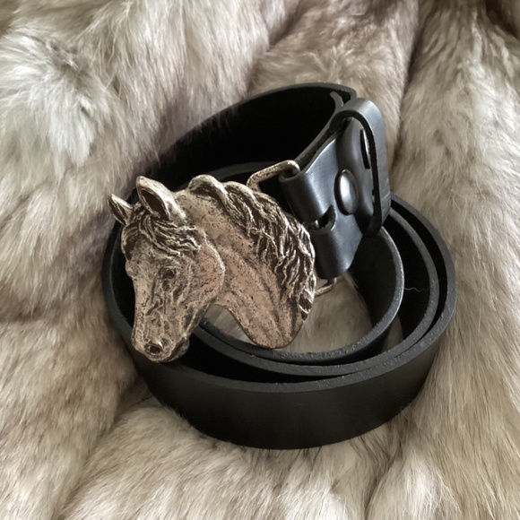 Beautiful Silver Tone Metal Horse Head Buckle Black Leather Belt main image 8